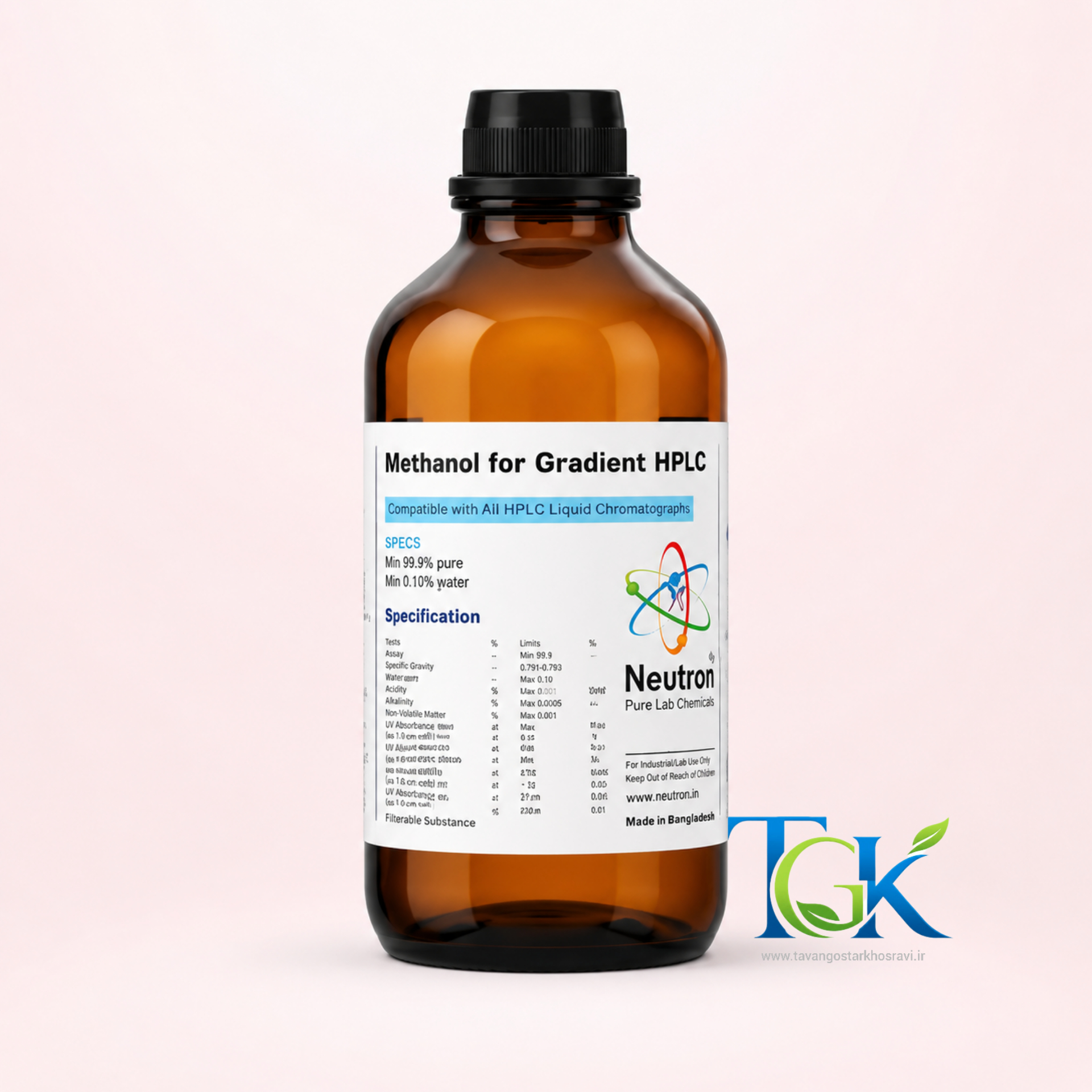 متانول گرید hplc برند نوترون حجم ۲/۵ لیتری شیشه ای